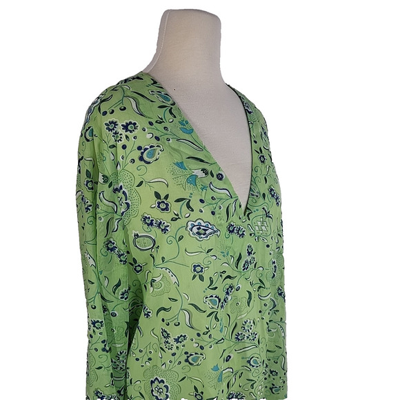 Susan Graver Style Sheer Floral V-Neck Blouse 1X Lime Green Blue Glitter Tunic - Picture 6 of 13